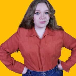 Vintage Fashion Bug Soft Red Orange Button Up Blouse, XL